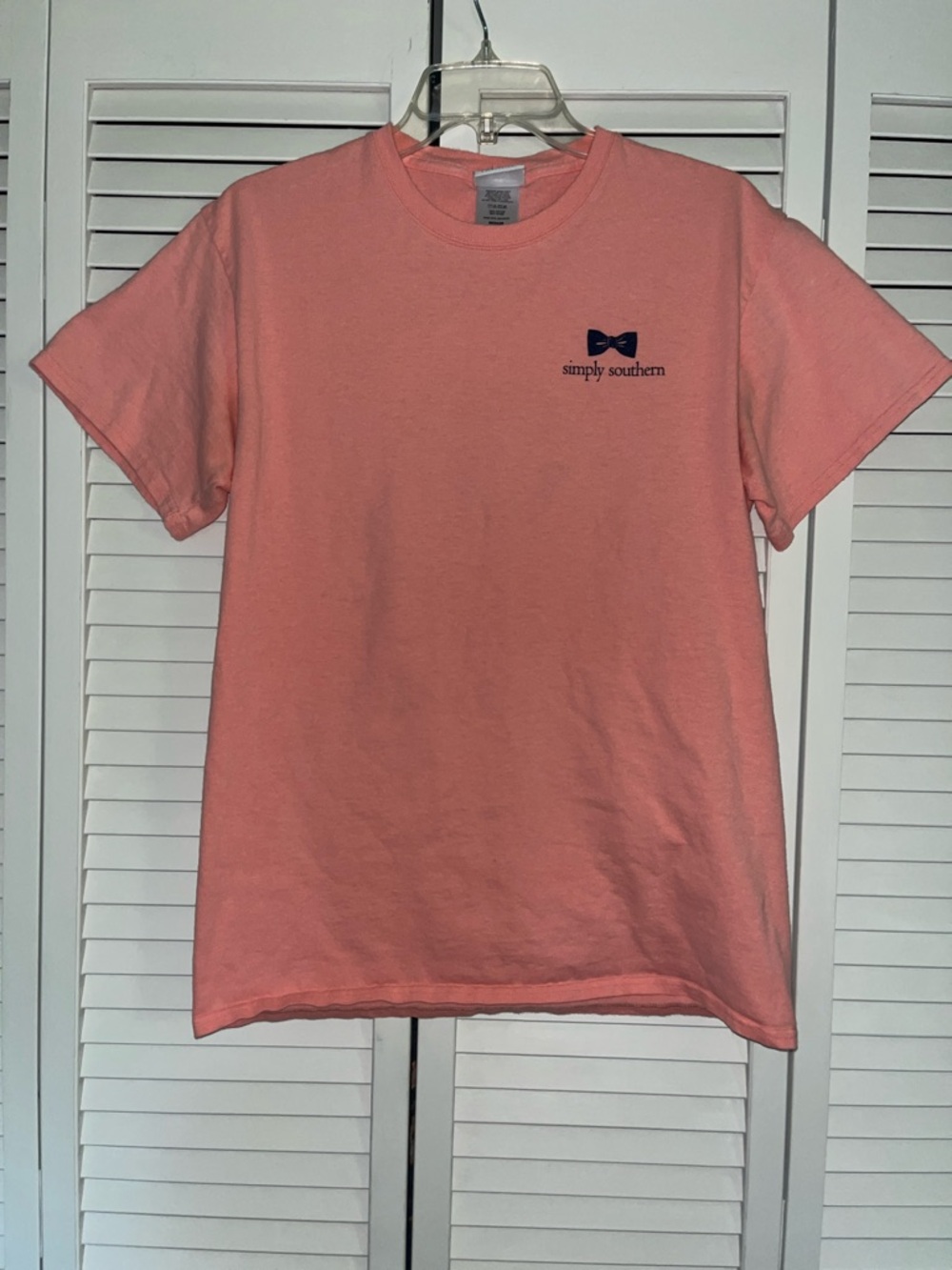 Simply Southern Coral Short Sleeve Tee with Navy Bow Logo